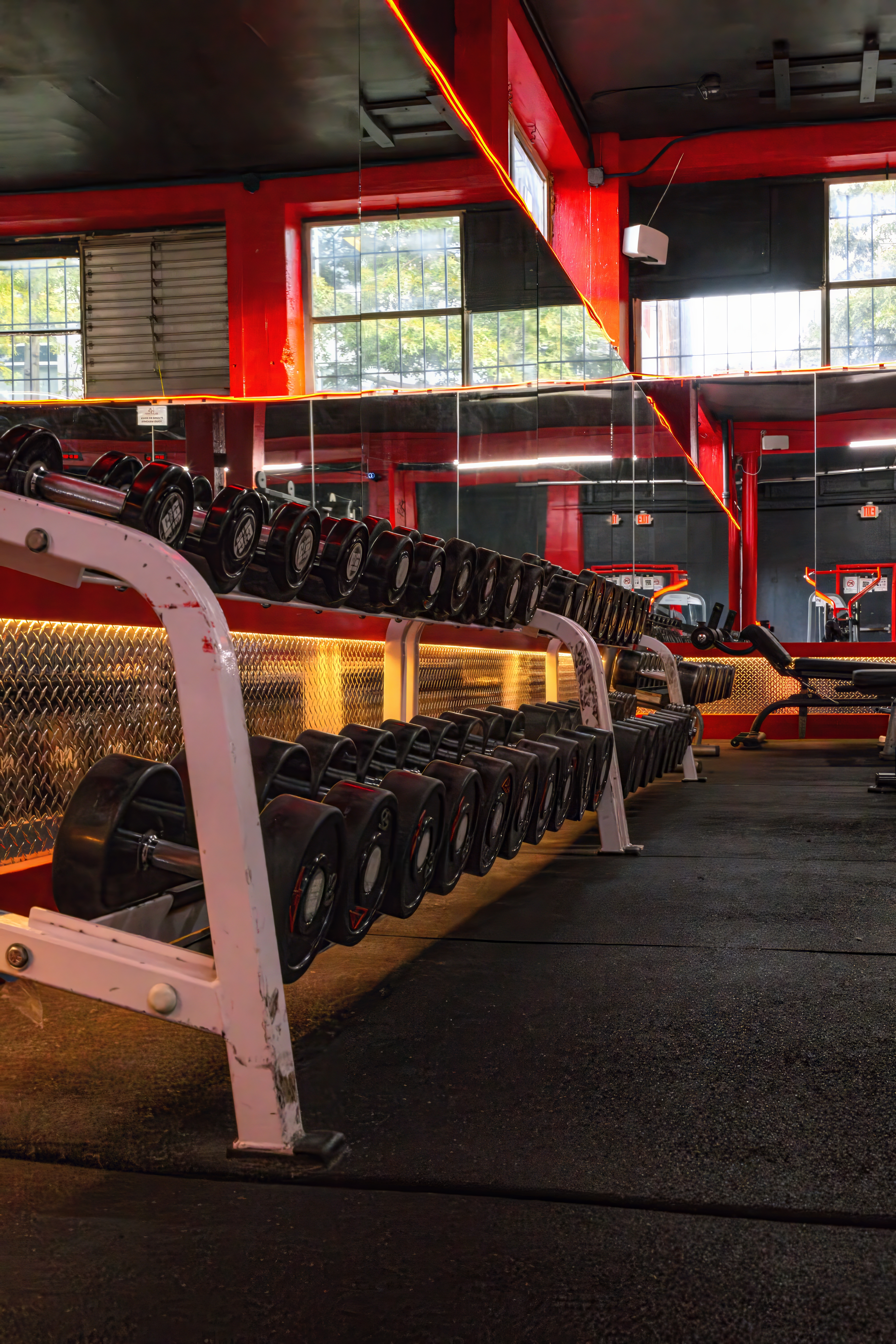 Extensive, well-organized dumbbell rack with a complete set of free weights, set against a mirrored wall and illuminated by warm accent lighting