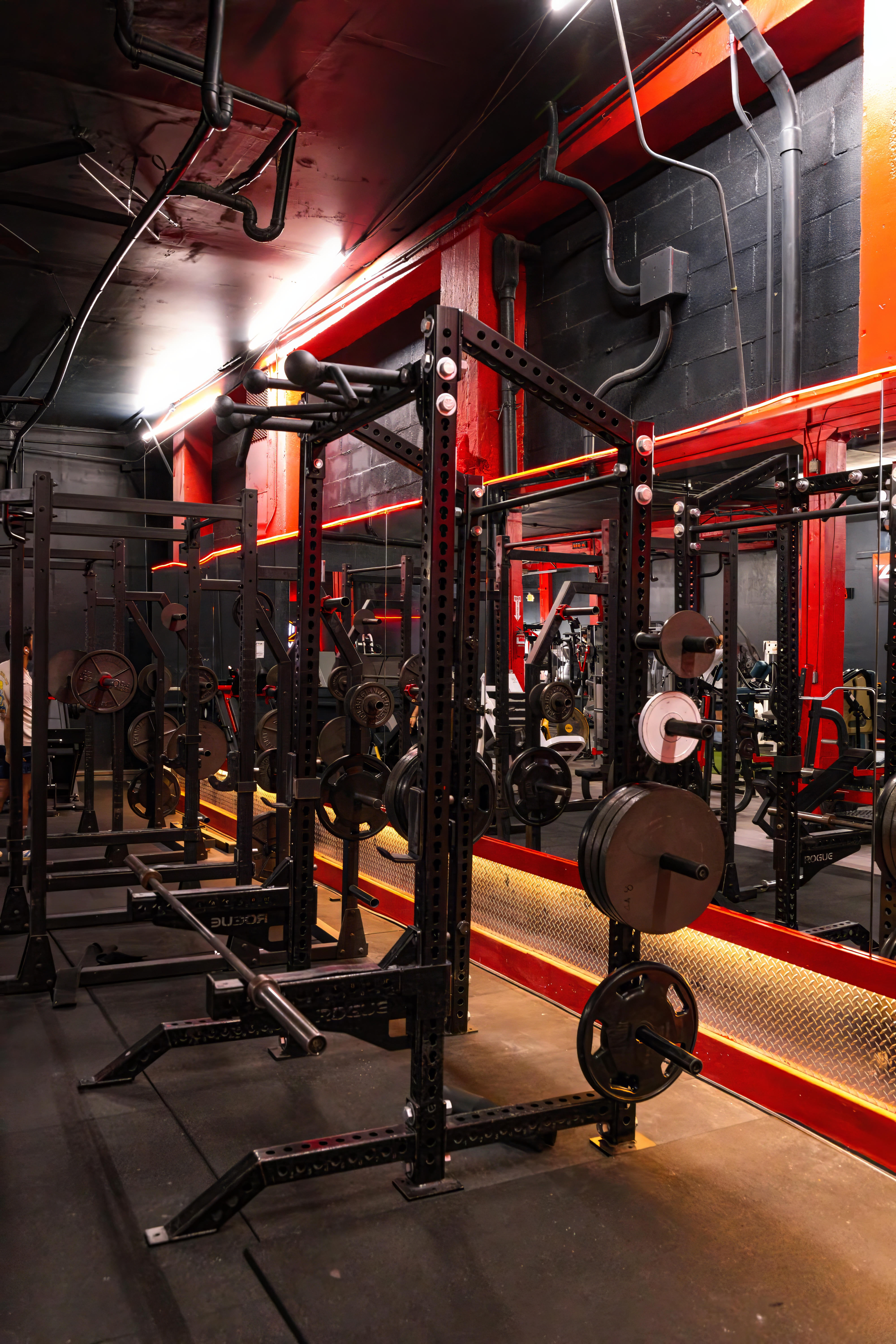 Row of heavy-duty power racks and squat cages, including Rogue equipment, with integrated plate storage and large mirrors